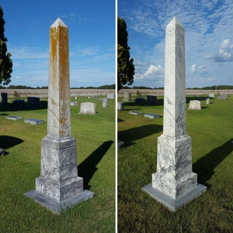 Cemetery obelisk before and after cleaning
