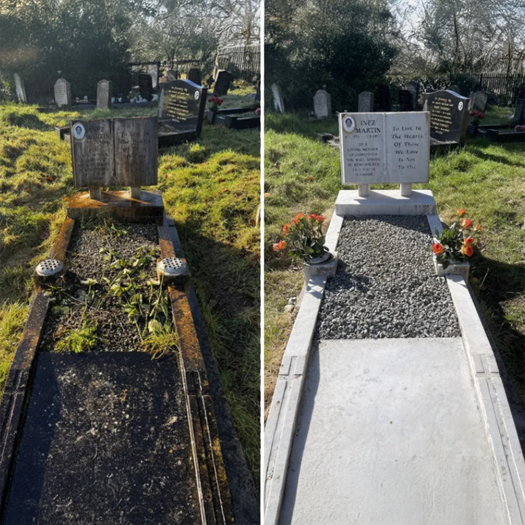 Grave bed cleared of weeds and re-graveled
