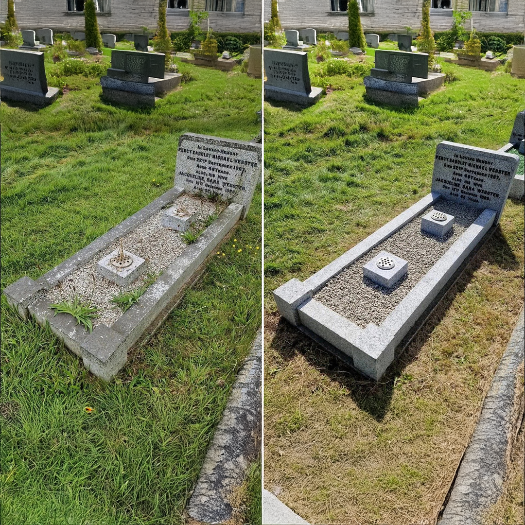 Granite tomb cleaned and weeded