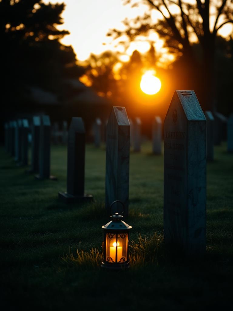 A quiet cemetery at evening with a lit lantern