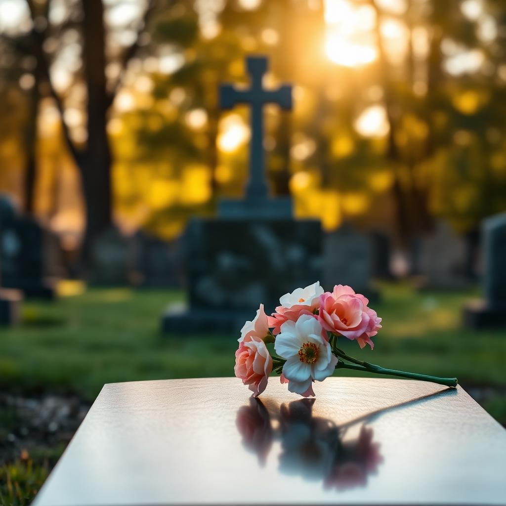 A headstone with a cross and fresh flowers at golden hour